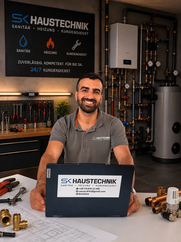 Saoud Kamo, Inhaber von SK Haustechnik, in seiner Werkstatt am Arbeitstisch – im Hintergrund Gastherme, Rohrleitungen und Werkzeugwand
